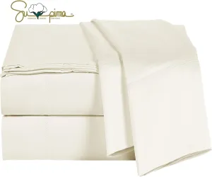 100% Supima Cotton Sheets 600 Thread Count,Bed Sheet Set Queen Size Sheets 4 Pieces,Soft & Silky Sateen Weave, Fits Mattress Up to 18",Deep Pocket, Breathable & Fade Resistant(Ivory,Queen)