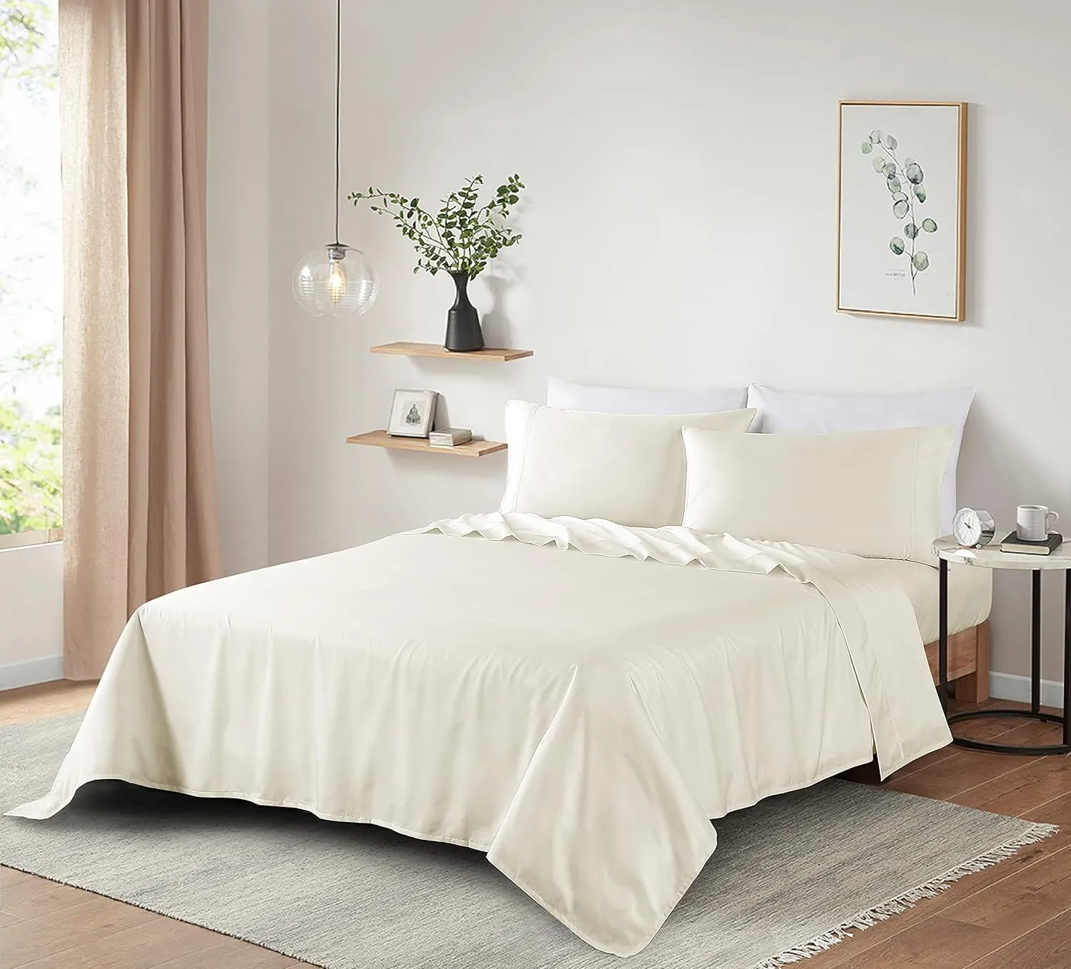 100% Supima Cotton Sheets 600 Thread Count,Bed Sheet Set Queen Size Sheets 4 Pieces,Soft & Silky Sateen Weave, Fits Mattress Up to 18",Deep Pocket, Breathable & Fade Resistant(Ivory,Queen)