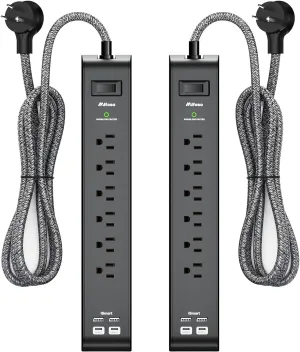 20FT Power Strip Surge Protector - 2 Pack Extension Cord with 6 Outlets 4 USB Ports, Flat Plug, 900 Joules, 15A Circuit Breaker, Wall Mount for Home Office, Dorm Essentials