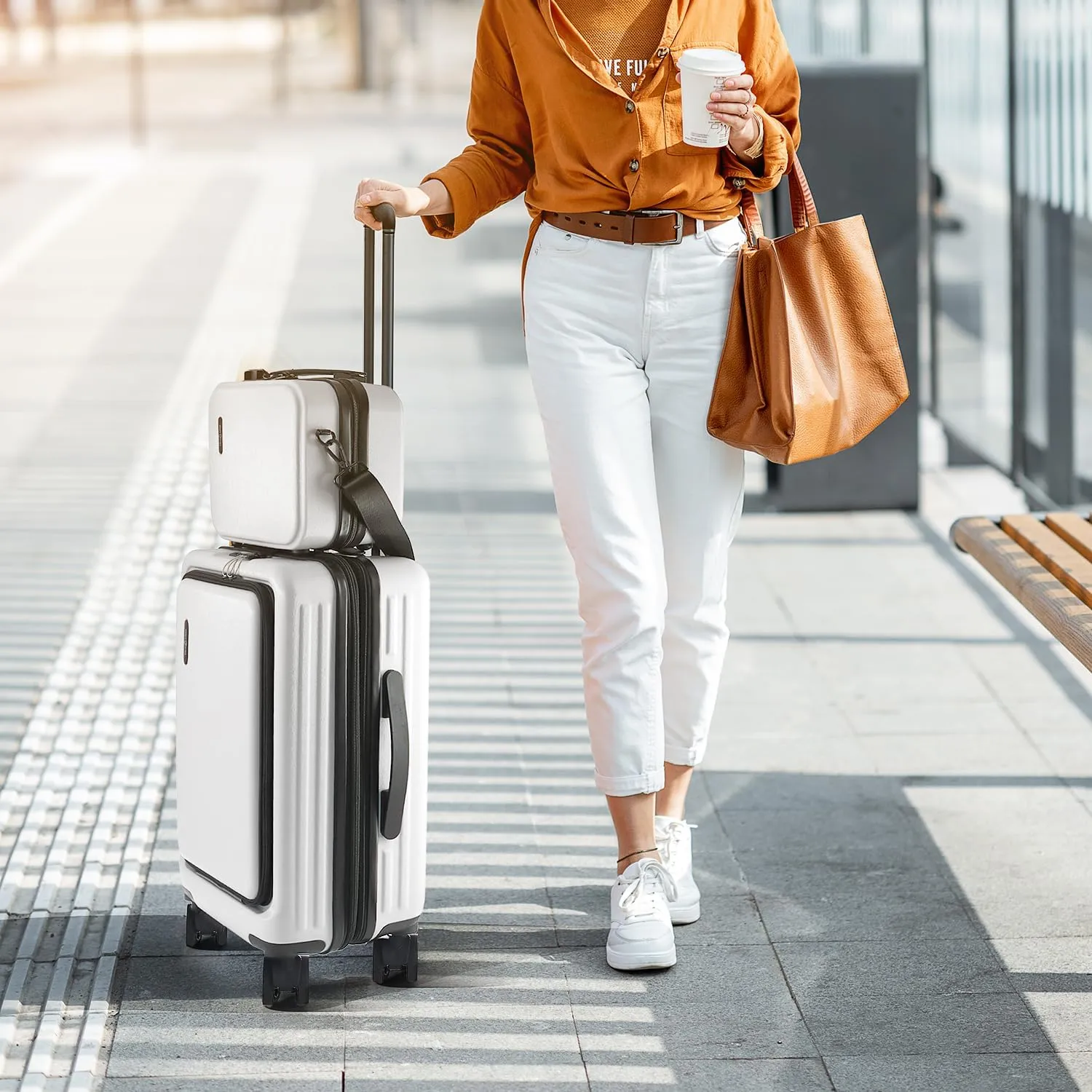 22 Inch Carry On Luggage 22x14x9 Airline Approved, Carry On Suitcase with Wheels, Hard-shell Carry-on Luggage, Durable Luggage Carry-On, White Small Suitcase with Cosmetic Case