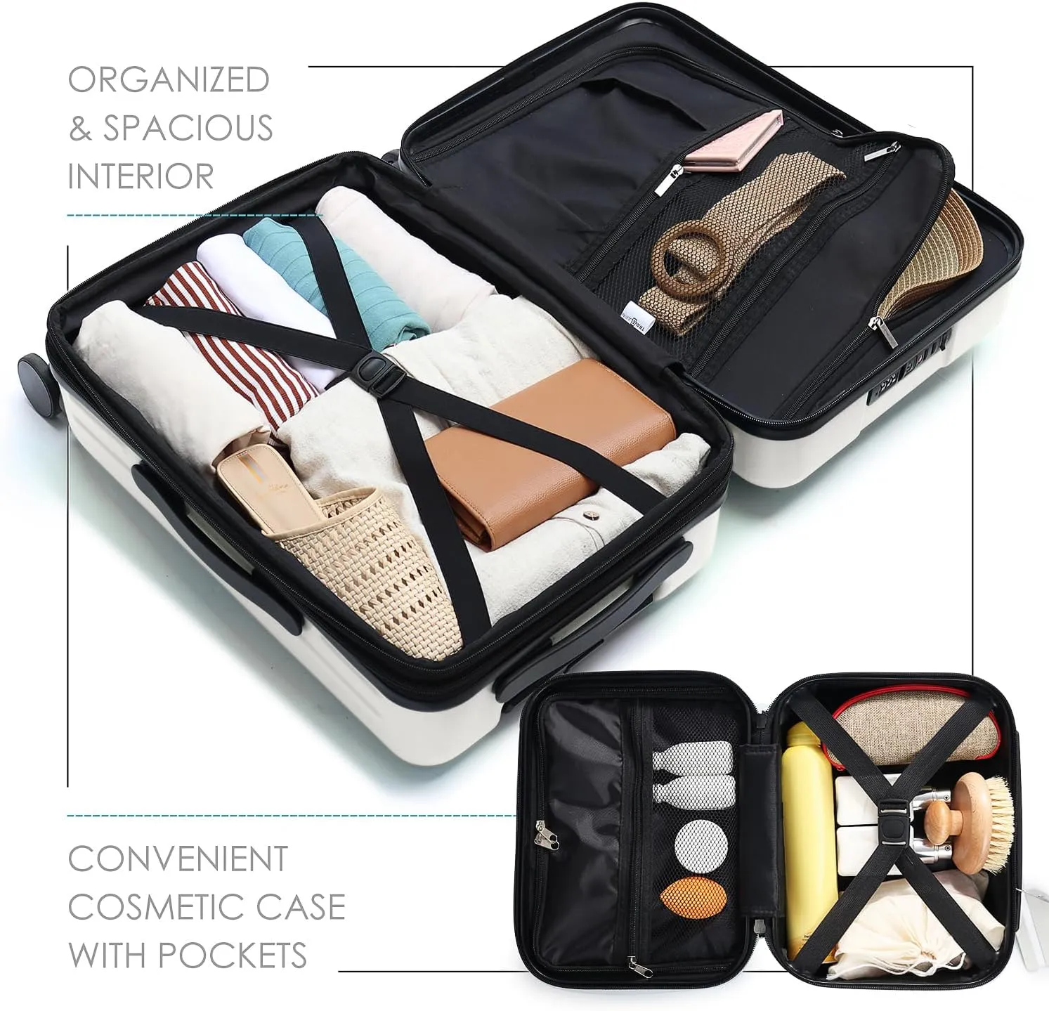 22 Inch Carry On Luggage 22x14x9 Airline Approved, Carry On Suitcase with Wheels, Hard-shell Carry-on Luggage, Durable Luggage Carry-On, White Small Suitcase with Cosmetic Case