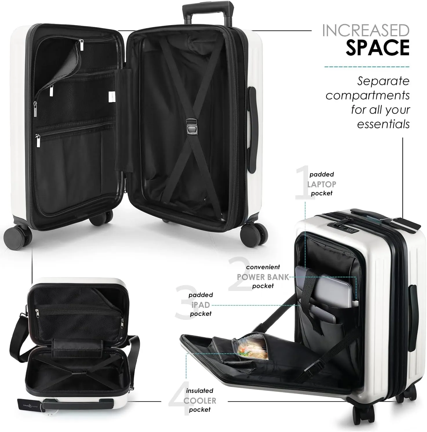 22 Inch Carry On Luggage 22x14x9 Airline Approved, Carry On Suitcase with Wheels, Hard-shell Carry-on Luggage, Durable Luggage Carry-On, White Small Suitcase with Cosmetic Case