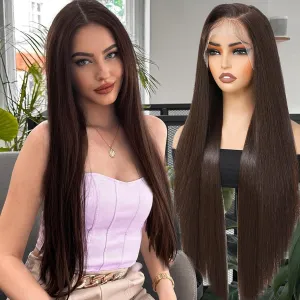30 Inch Brown Synthetic Lace Front Wigs 13x4 Chocolate Brown Wig Long Straight Heat Resistant Fiber Hair Synthetic Wig for Black Women Pre Plucked with Baby Hair for Daily Party Use(#6)