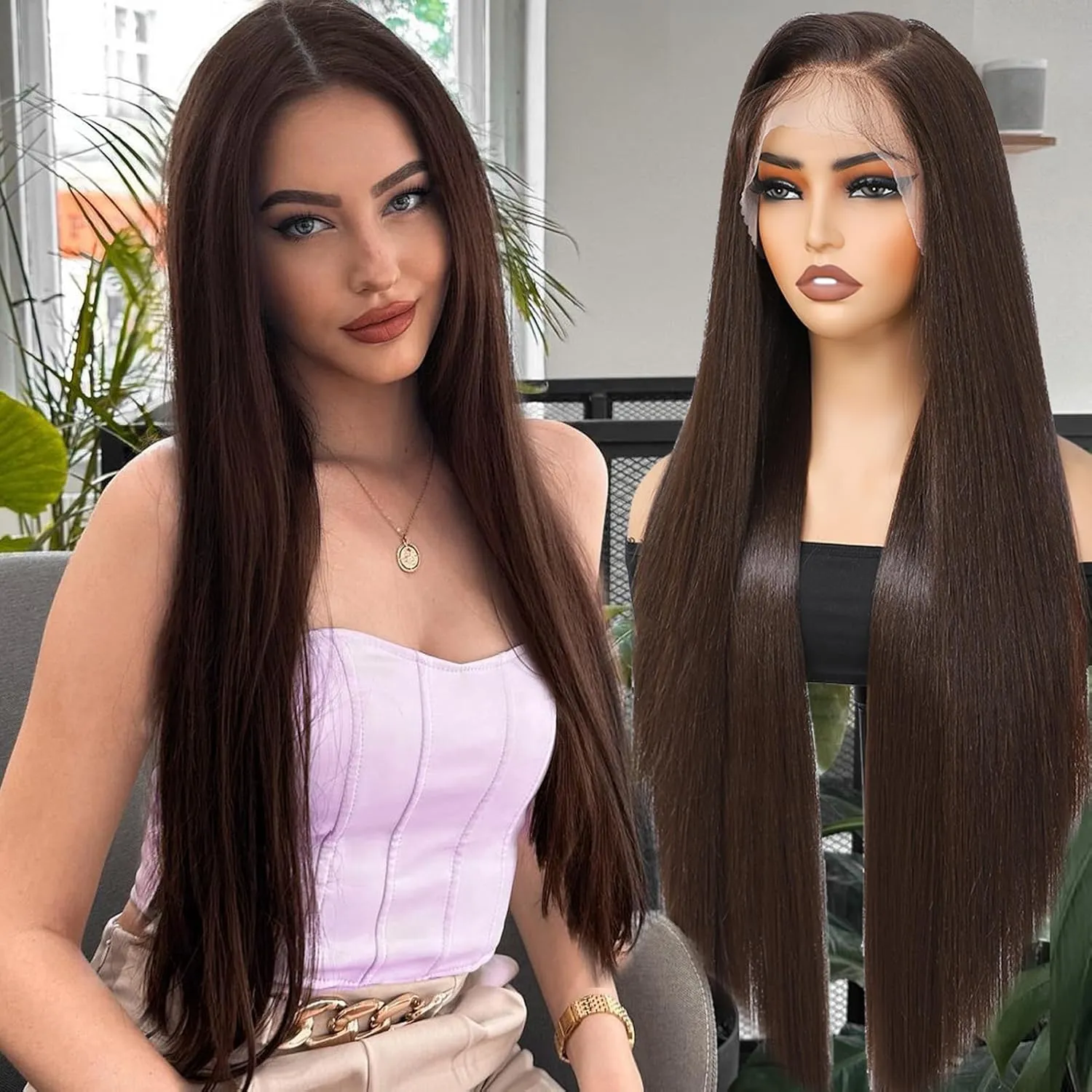 30 Inch Brown Synthetic Lace Front Wigs 13x4 Chocolate Brown Wig Long Straight Heat Resistant Fiber Hair Synthetic Wig for Black Women Pre Plucked with Baby Hair for Daily Party Use(#6)