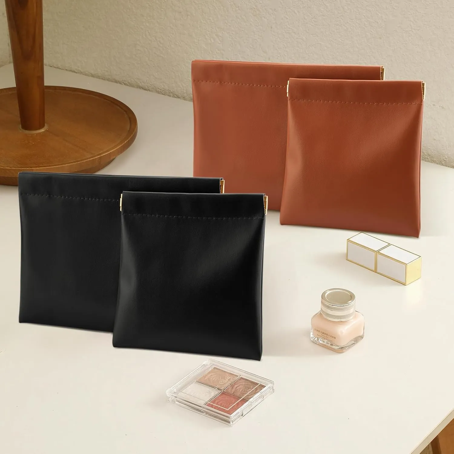 4 PCS Ladies Small Makeup Bag for Purse,Small Makeup Pouch Purse,Mini Cosmetic Bag for Travel,Pouchic Snap Closure Pouches,Portable Travel Pouch with Quick Access Design,Stylish,Durable(Black Brown)