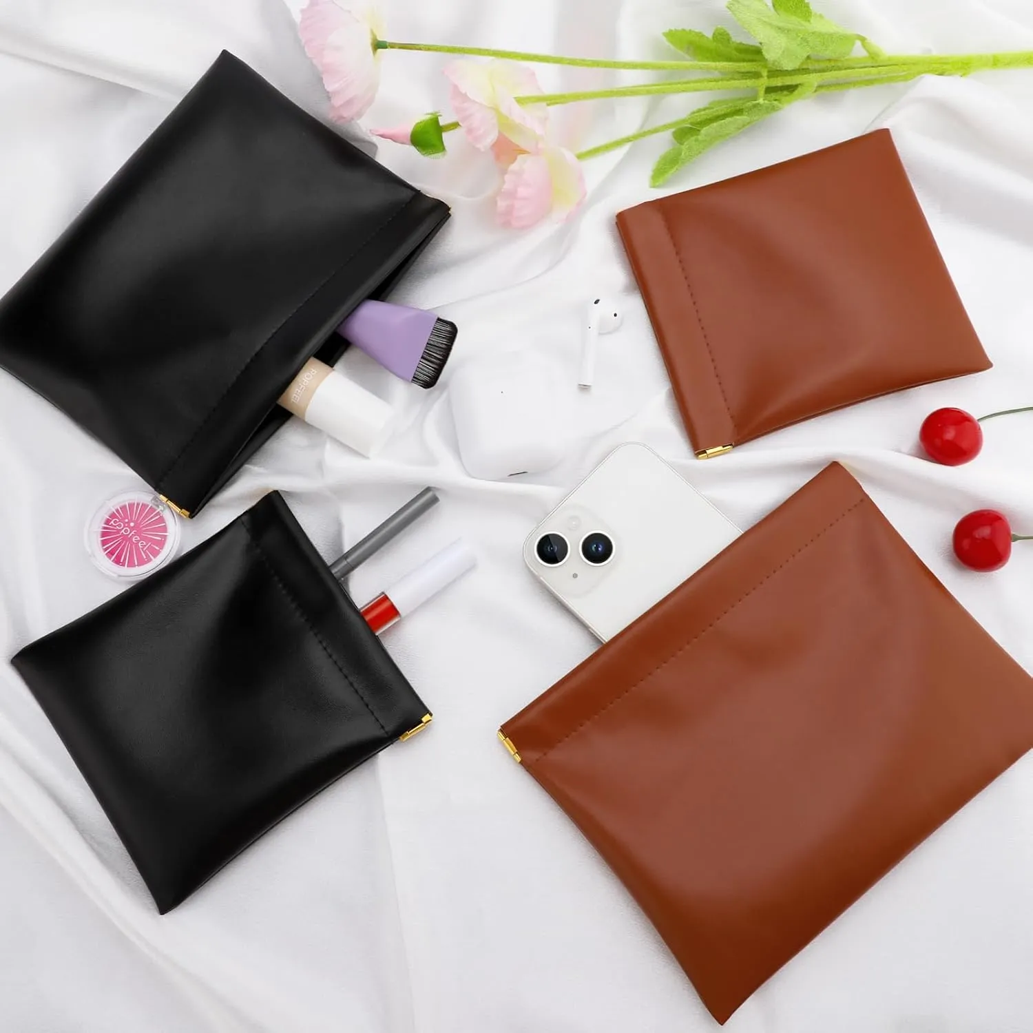 4 PCS Ladies Small Makeup Bag for Purse,Small Makeup Pouch Purse,Mini Cosmetic Bag for Travel,Pouchic Snap Closure Pouches,Portable Travel Pouch with Quick Access Design,Stylish,Durable(Black Brown)