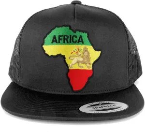 5 Panel RGY Africa Map and Rasta Lion Embroidered Patch Flat Bill Mesh Snapback
