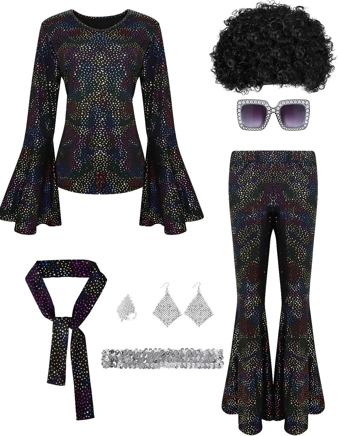 70s Disco Outfits for Women, Retro 8 PCS Disco Costume with Top, Pants, Sunglasses, Ring, Earrings, Wigand