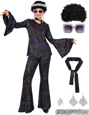 70s Disco Outfits for Women, Retro 8 PCS Disco Costume with Top, Pants, Sunglasses, Ring, Earrings, Wigand