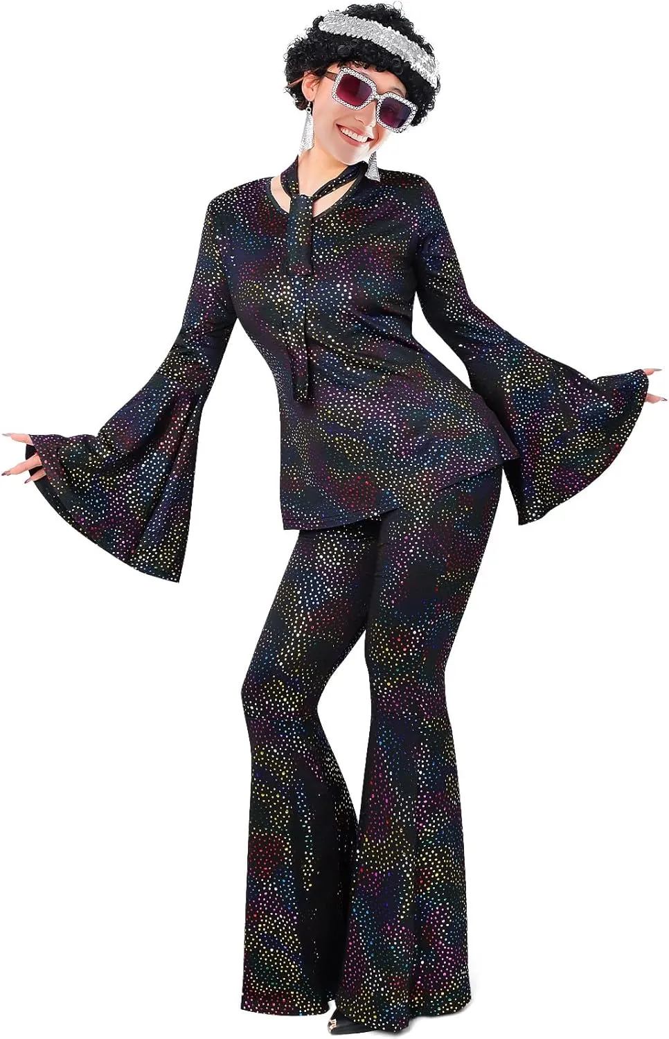 70s Disco Outfits for Women, Retro 8 PCS Disco Costume with Top, Pants, Sunglasses, Ring, Earrings, Wigand