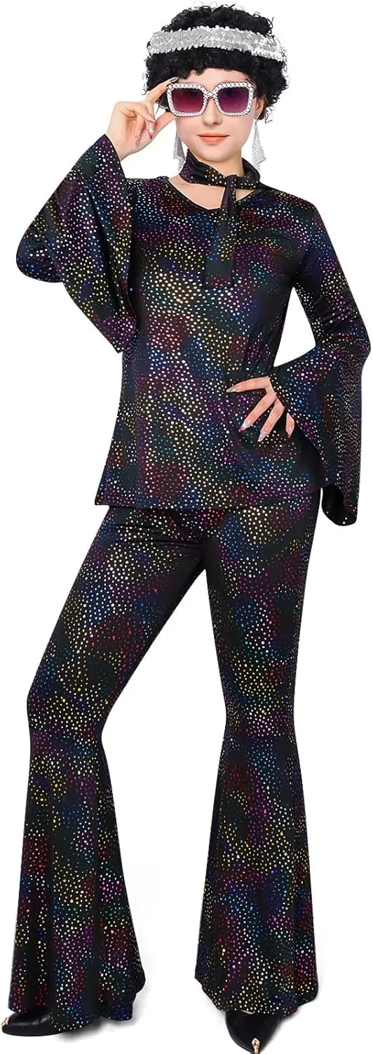 70s Disco Outfits for Women, Retro 8 PCS Disco Costume with Top, Pants, Sunglasses, Ring, Earrings, Wigand