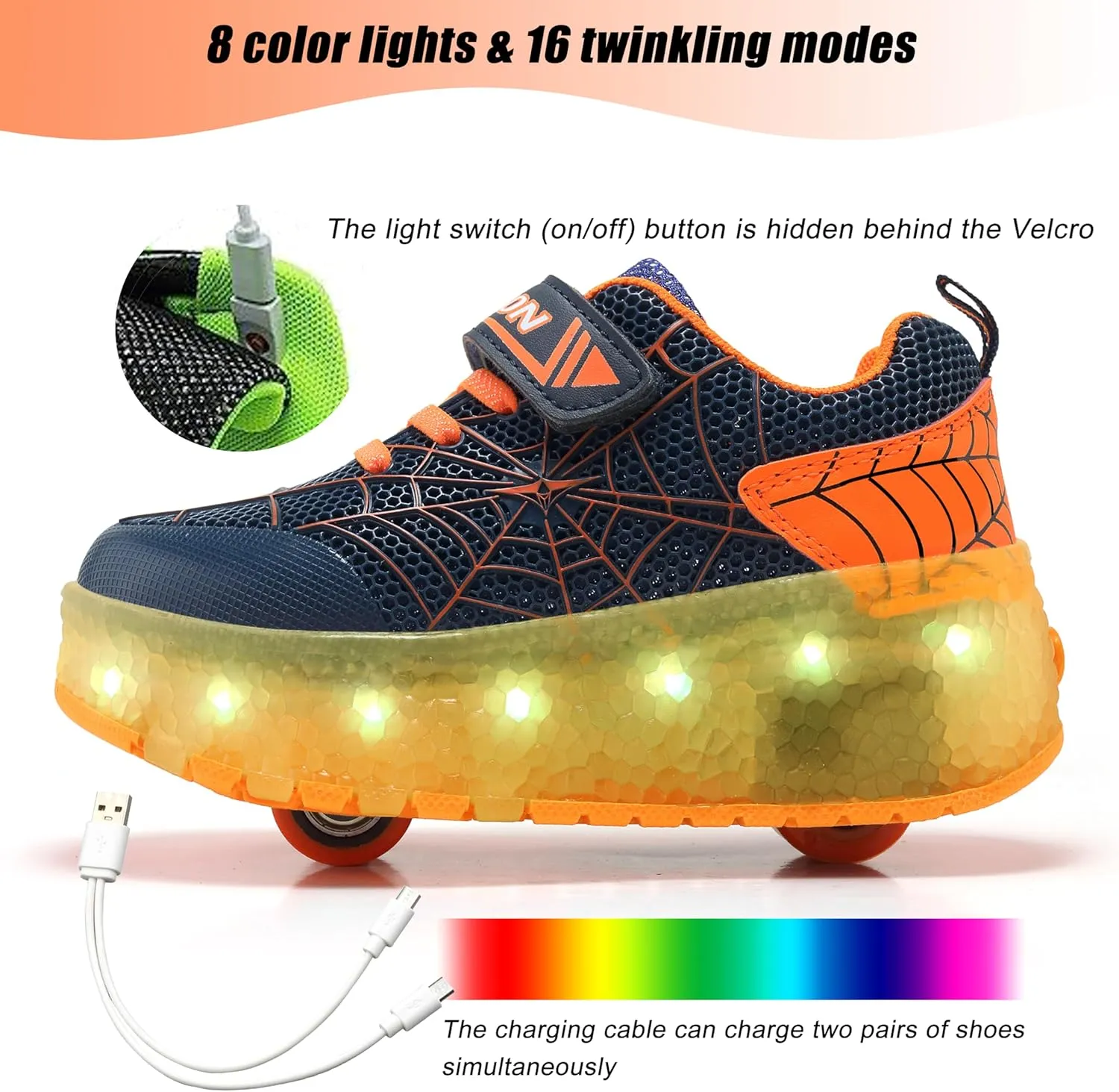 Aikuass USB Chargable LED Light Up Roller Shoes Wheeled Skate Sneaker Shoes for Boys Girls Kids