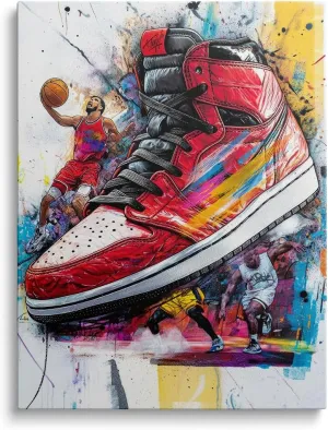 Amovlov Graffiti Banksy Style Sneaker Canvas Wall Art (30x40) Basketball elements, sports shoes, graffiti, passion, sports theme