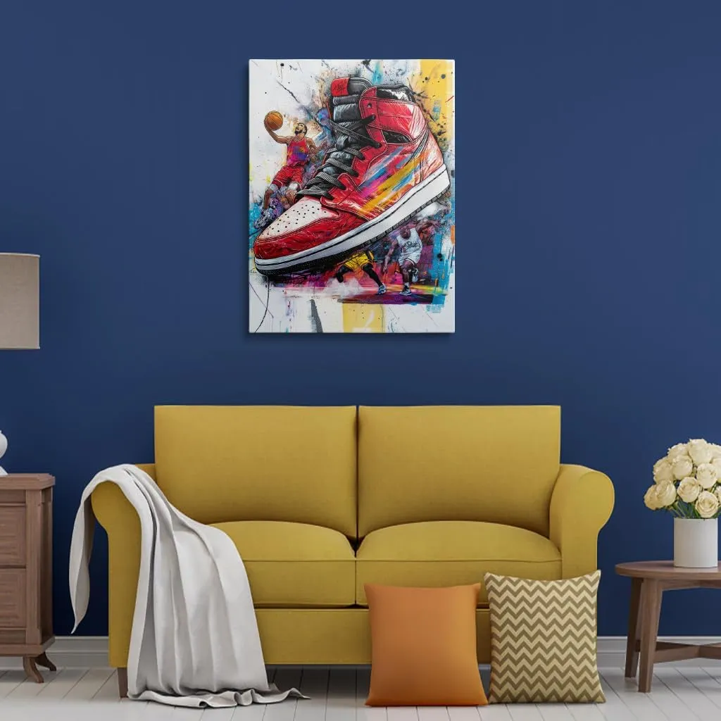 Amovlov Graffiti Banksy Style Sneaker Canvas Wall Art (30x40) Basketball elements, sports shoes, graffiti, passion, sports theme