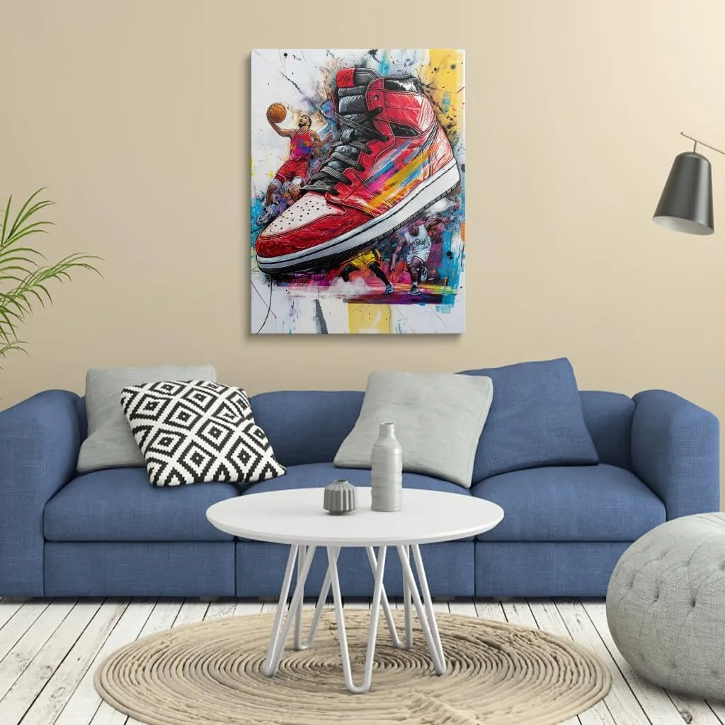 Amovlov Graffiti Banksy Style Sneaker Canvas Wall Art (30x40) Basketball elements, sports shoes, graffiti, passion, sports theme