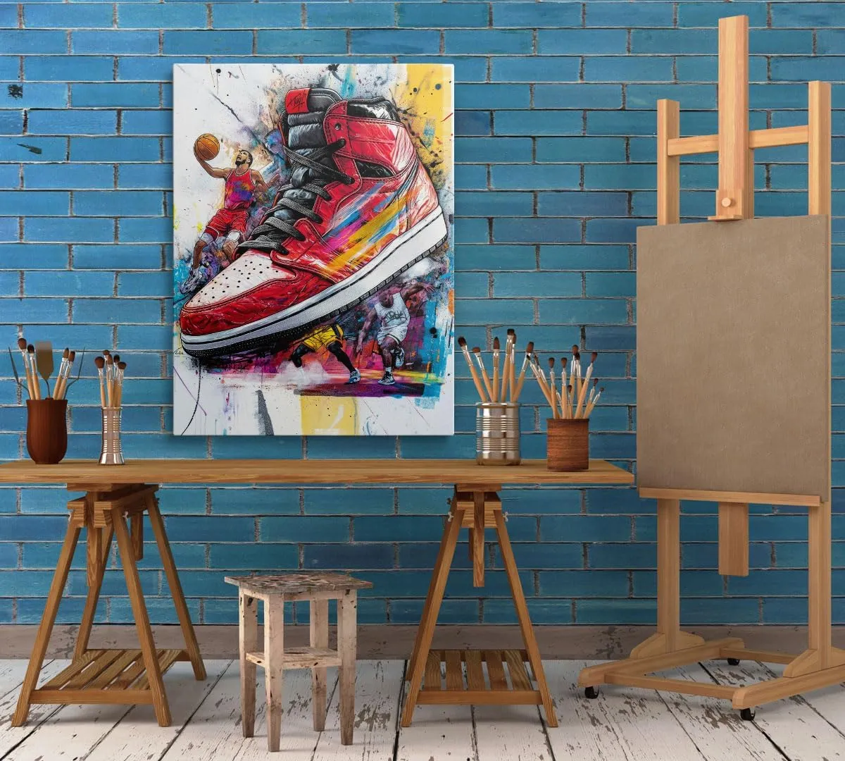 Amovlov Graffiti Banksy Style Sneaker Canvas Wall Art (30x40) Basketball elements, sports shoes, graffiti, passion, sports theme