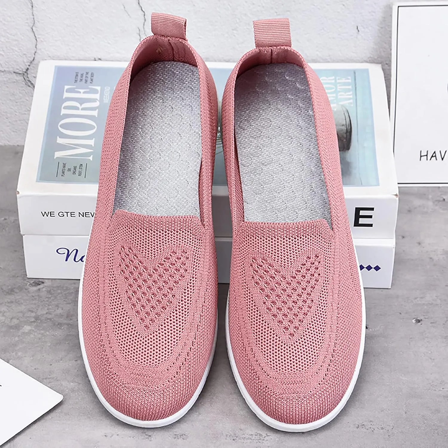 APUM Women's Knitted Flat Shoes,Comfort Ladies Slip On Loafers Casual Breathable Mesh Low-Top Flat Elastic Knit Work Shoes