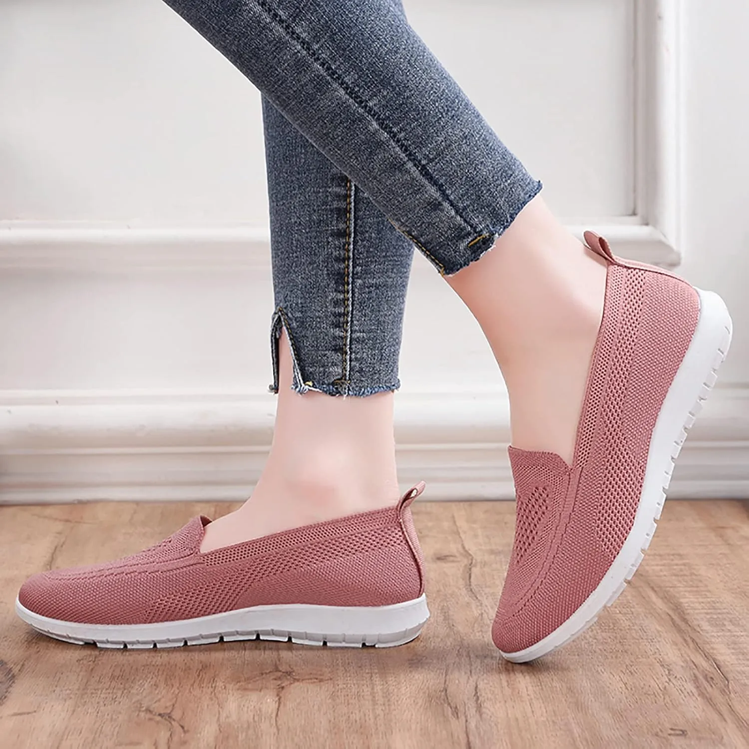 APUM Women's Knitted Flat Shoes,Comfort Ladies Slip On Loafers Casual Breathable Mesh Low-Top Flat Elastic Knit Work Shoes