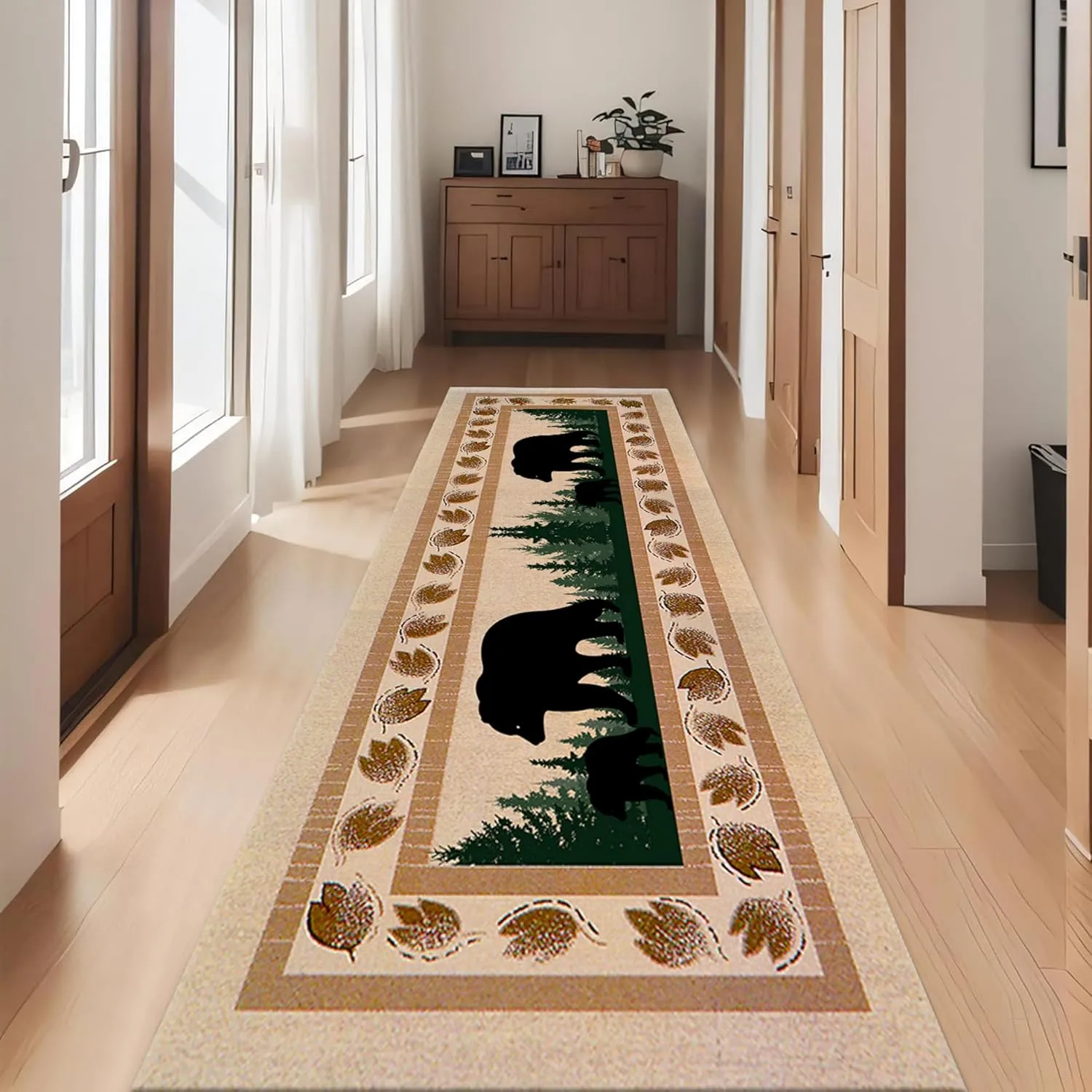 Autumn Rustic Cabin Runner Rug,2x7ft,Maple Leaf and Jungle Brown Hallway Rugs,Novelty Farmhouse Bear Style Long Indoor Carpet,Living Room Non-Slip Floor Mat for Laundry Room EntrywayBedroom
