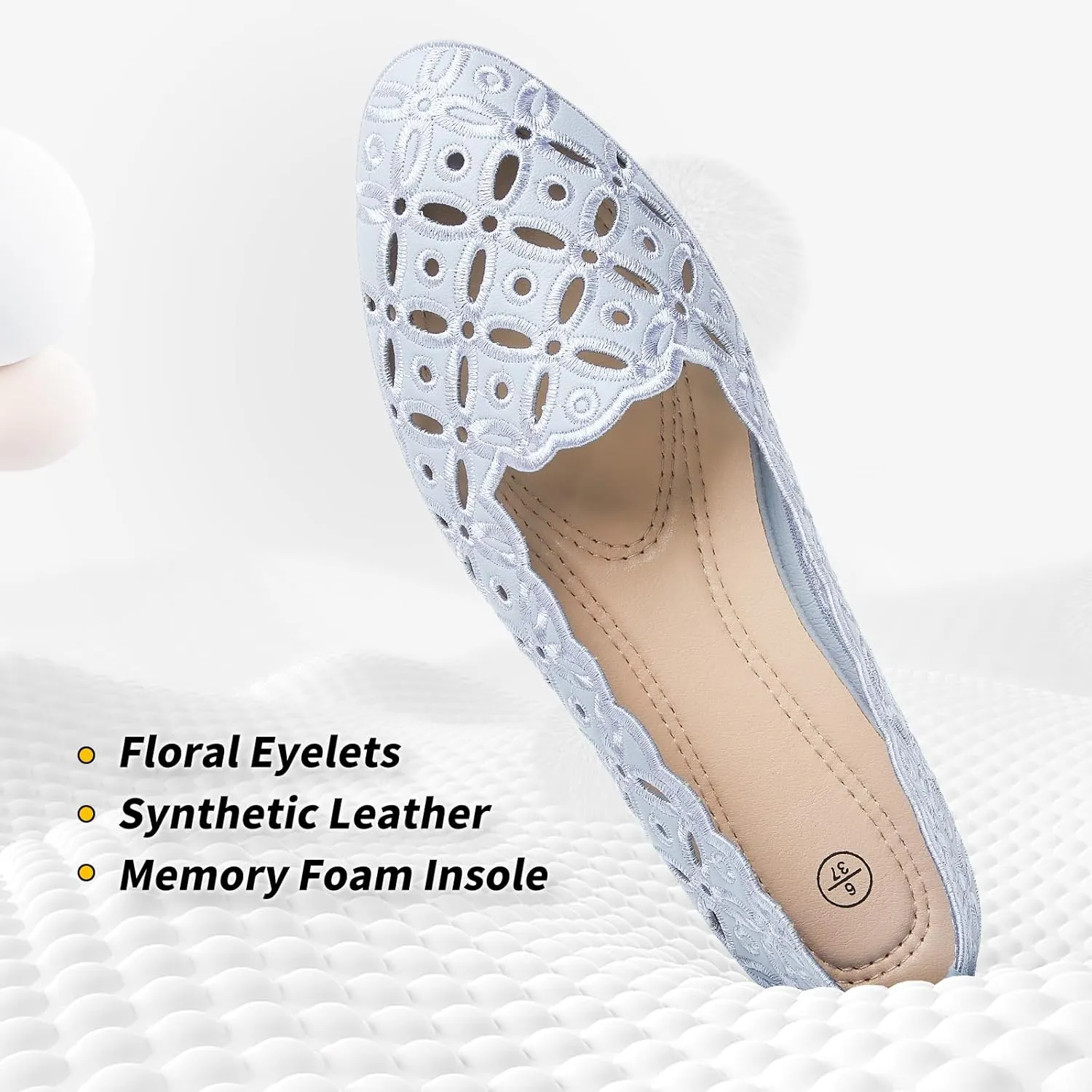 BABUDOG Womens Flats,Black and White Dress Flats with Flower Eyelets,Breathable Ballet Flats