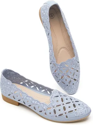 BABUDOG Womens Flats,Black and White Dress Flats with Flower Eyelets,Breathable Ballet Flats