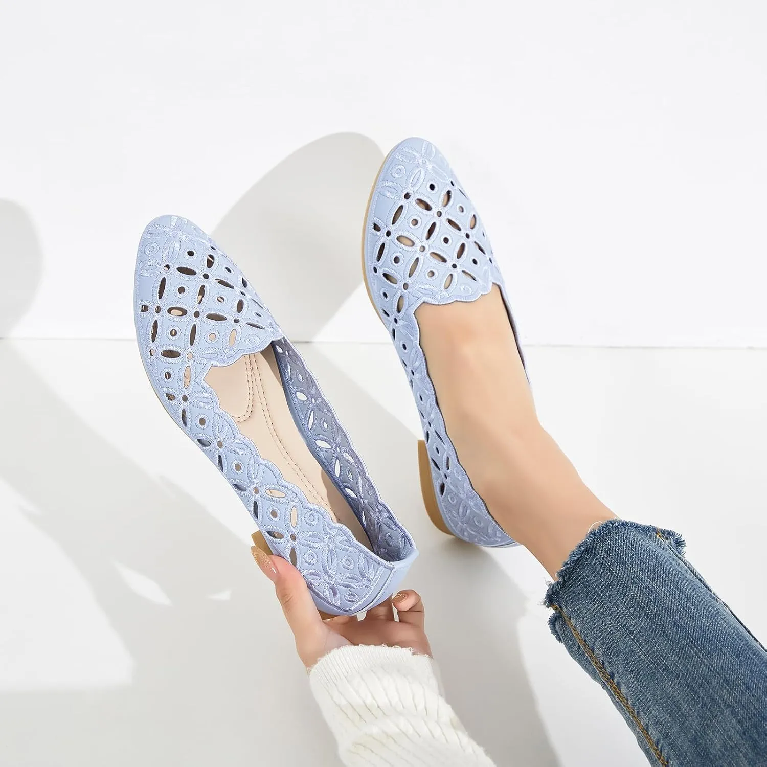 BABUDOG Womens Flats,Black and White Dress Flats with Flower Eyelets,Breathable Ballet Flats