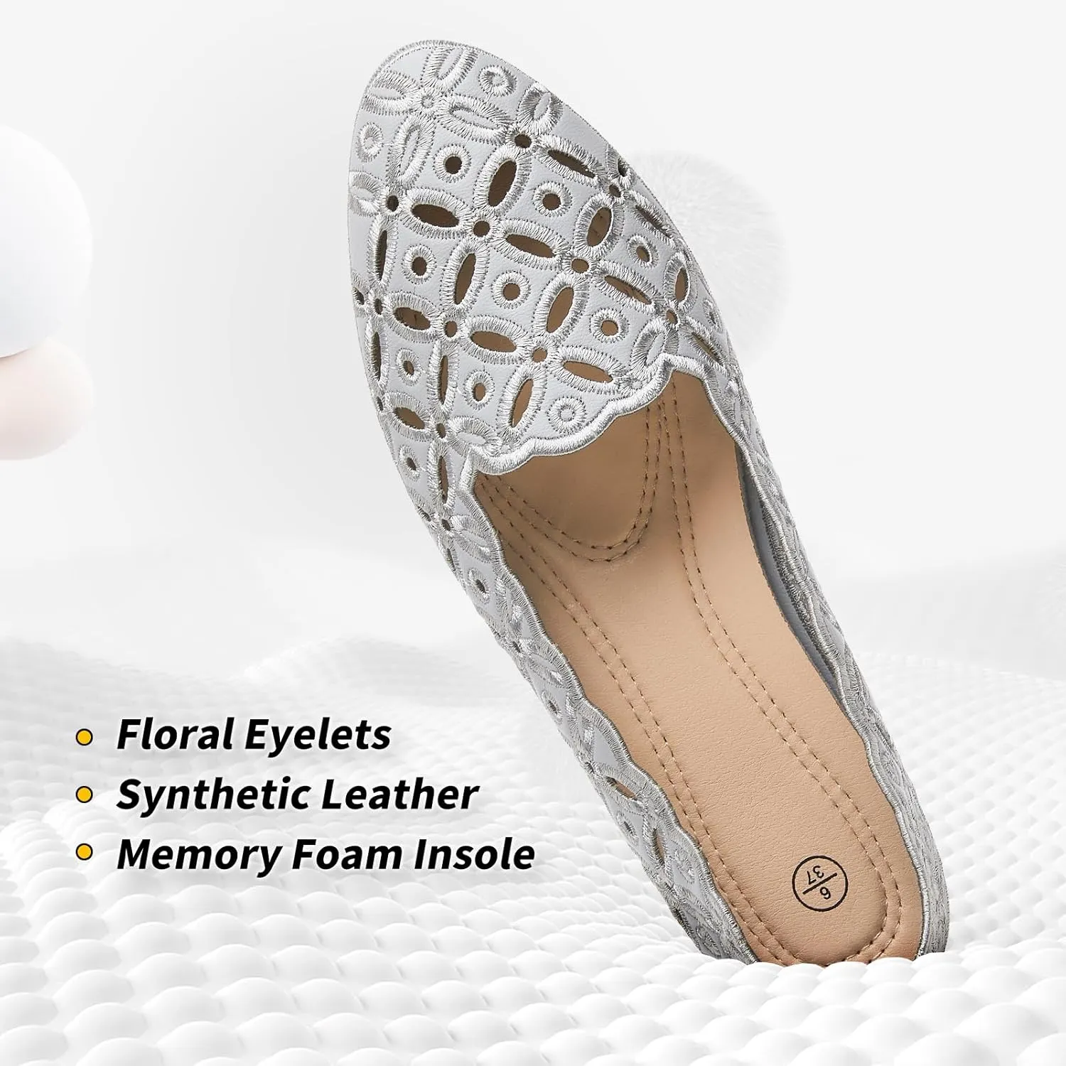 BABUDOG Womens Flats,Black and White Dress Flats with Flower Eyelets,Breathable Ballet Flats