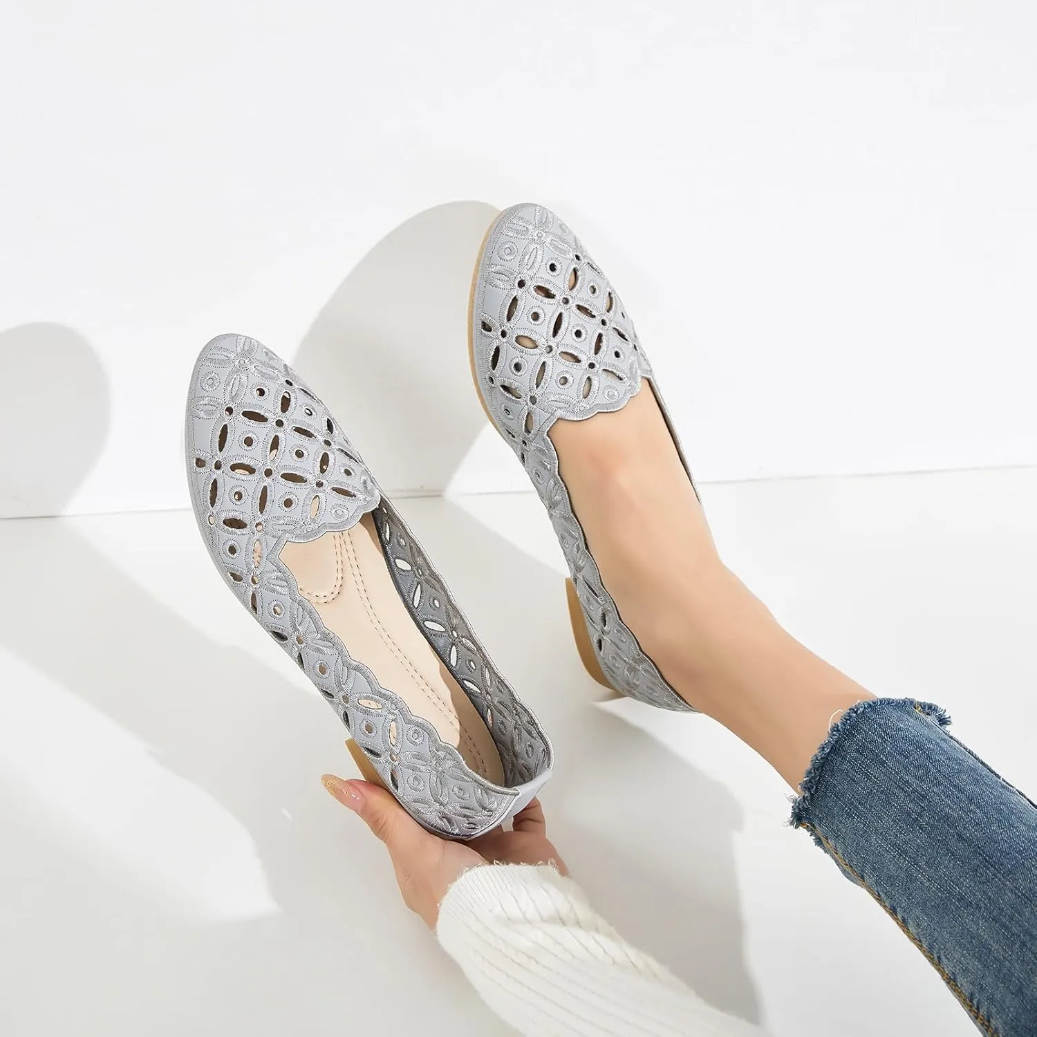BABUDOG Womens Flats,Black and White Dress Flats with Flower Eyelets,Breathable Ballet Flats