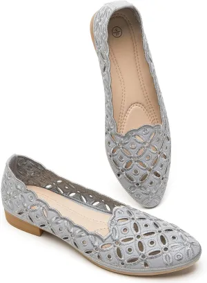 BABUDOG Womens Flats,Black and White Dress Flats with Flower Eyelets,Breathable Ballet Flats