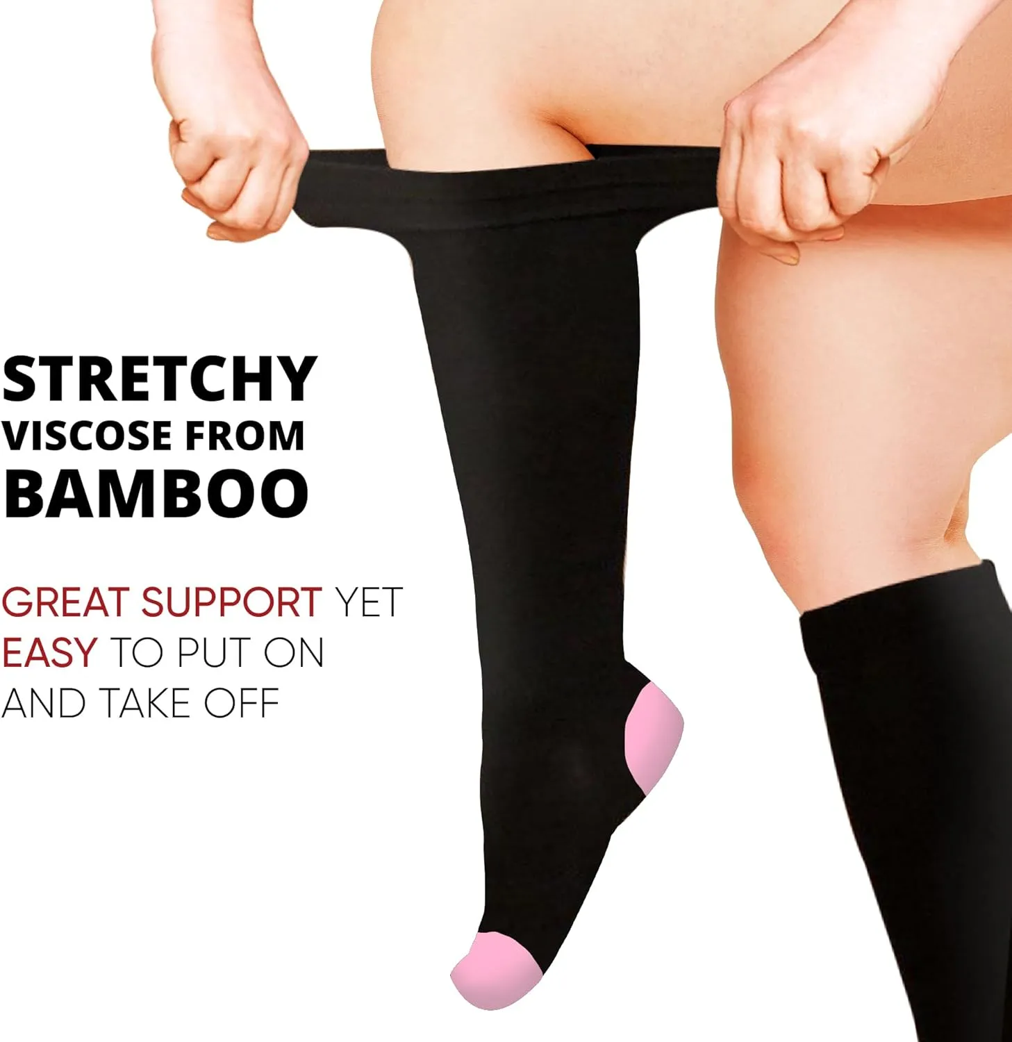 BAMS Plus Size Compression Socks Wide Calf XL XXL XXXL – Graduated Knee-High Support, Viscose from Bamboo Easy-On/Easy-Off