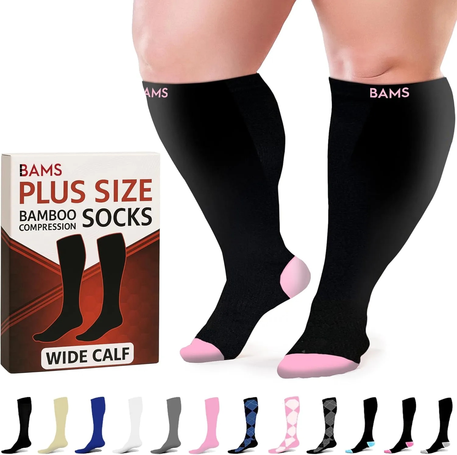 BAMS Plus Size Compression Socks Wide Calf XL XXL XXXL – Graduated Knee-High Support, Viscose from Bamboo Easy-On/Easy-Off