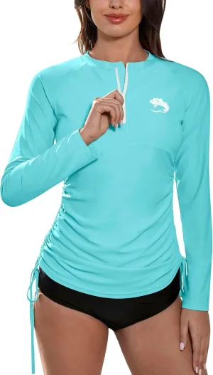BesserBay Women's UPF 50  UV Sun Protection Rash Guard Shirt Half Zip Long Sleeve Ruched Tie Side Swim Top Swim Shirt
