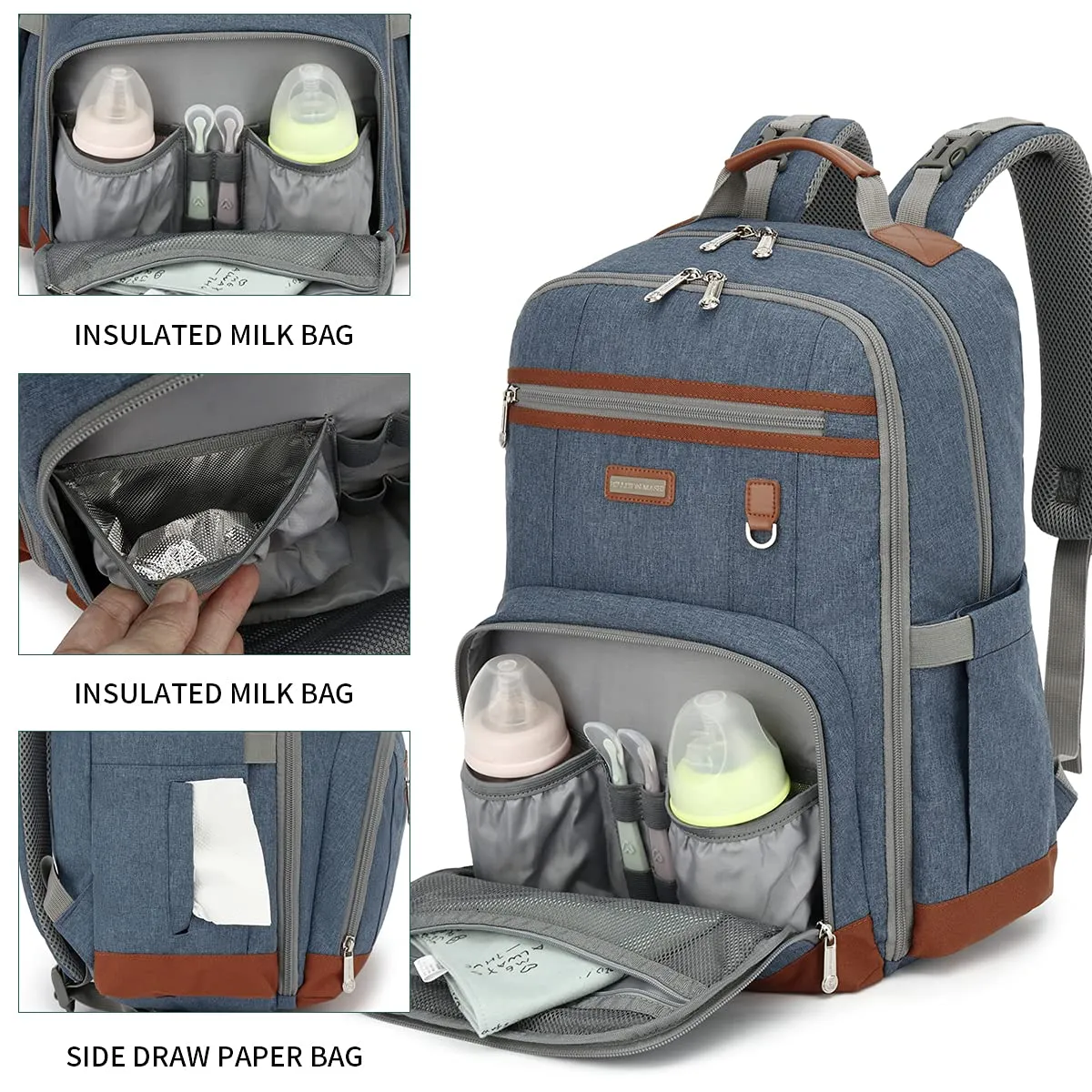 BILLITON MSHI Diaper Bag Backpack for Women Large Capacity Waterproof -Multifunctional with Insulated Pockets for Baby Girl Boy, Unisex Maternity Travel Bag (Deep Blue)
