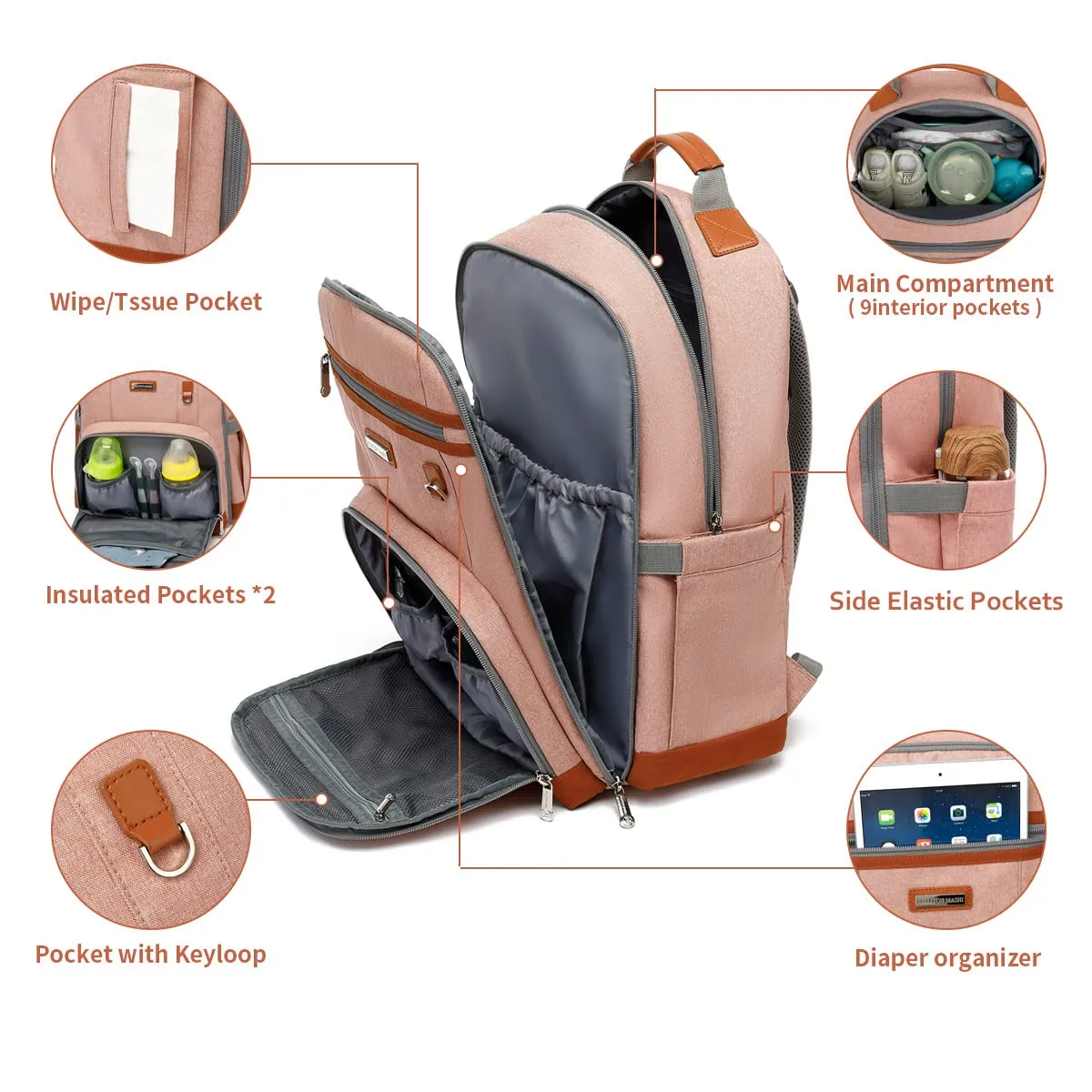 BILLITON MSHI Diaper Bag Backpack for Women Large Capacity Waterproof -Multifunctional with Insulated Pockets for Baby Girl Boy, Unisex Maternity Travel Bag (Deep pink)