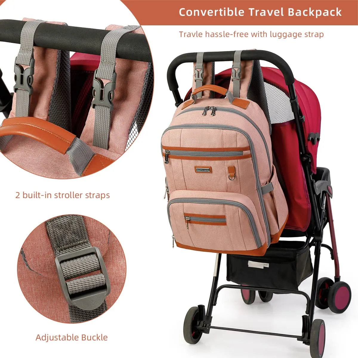 BILLITON MSHI Diaper Bag Backpack for Women Large Capacity Waterproof -Multifunctional with Insulated Pockets for Baby Girl Boy, Unisex Maternity Travel Bag (Deep pink)