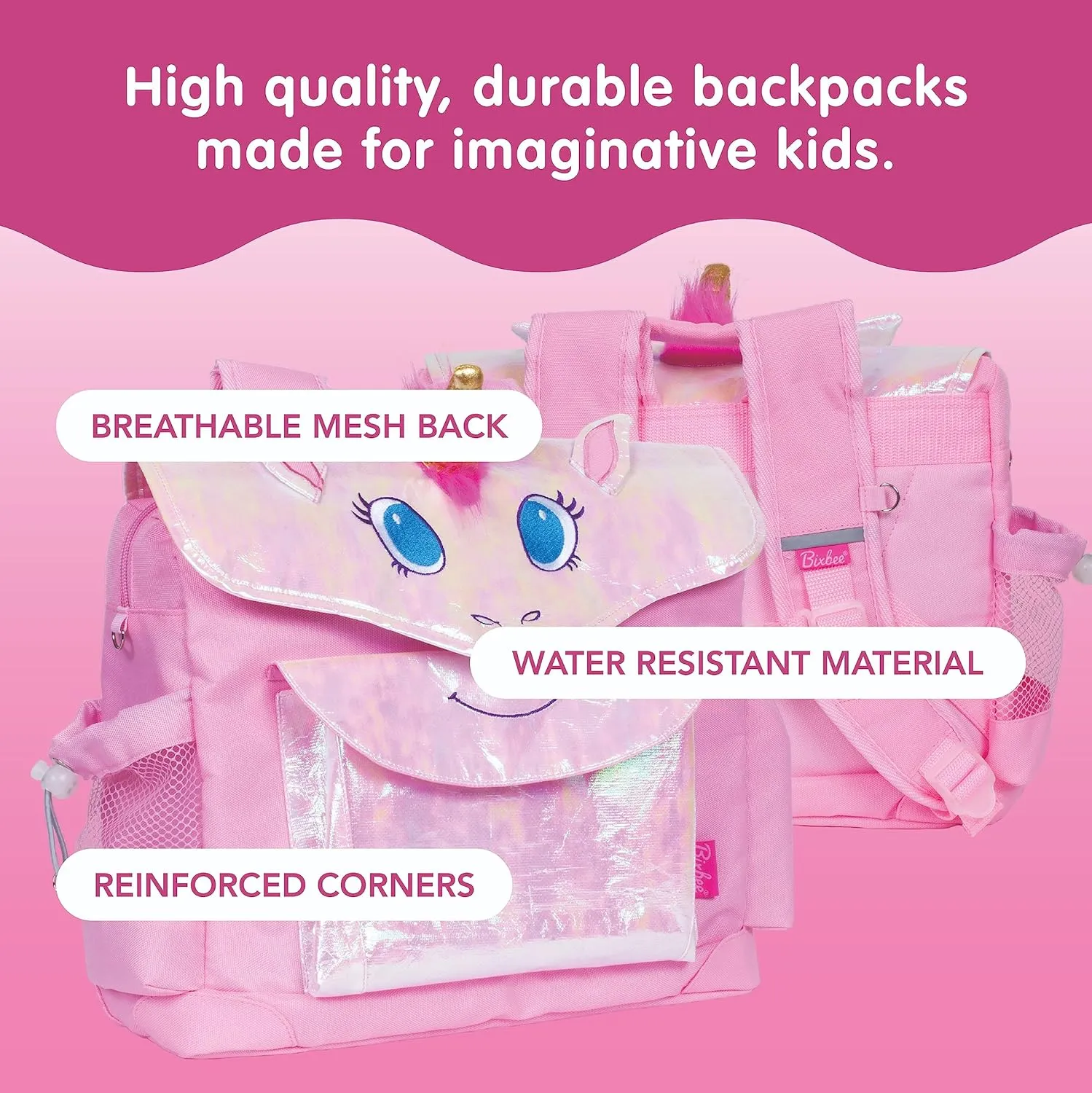 Bixbee Kids Backpack, Pink Unicorn Bookbag for Girls & Boys Ages 5-7 | Daycare, Preschool, Elementary School Bag for Kids | Easy to Carry & Water Resistant