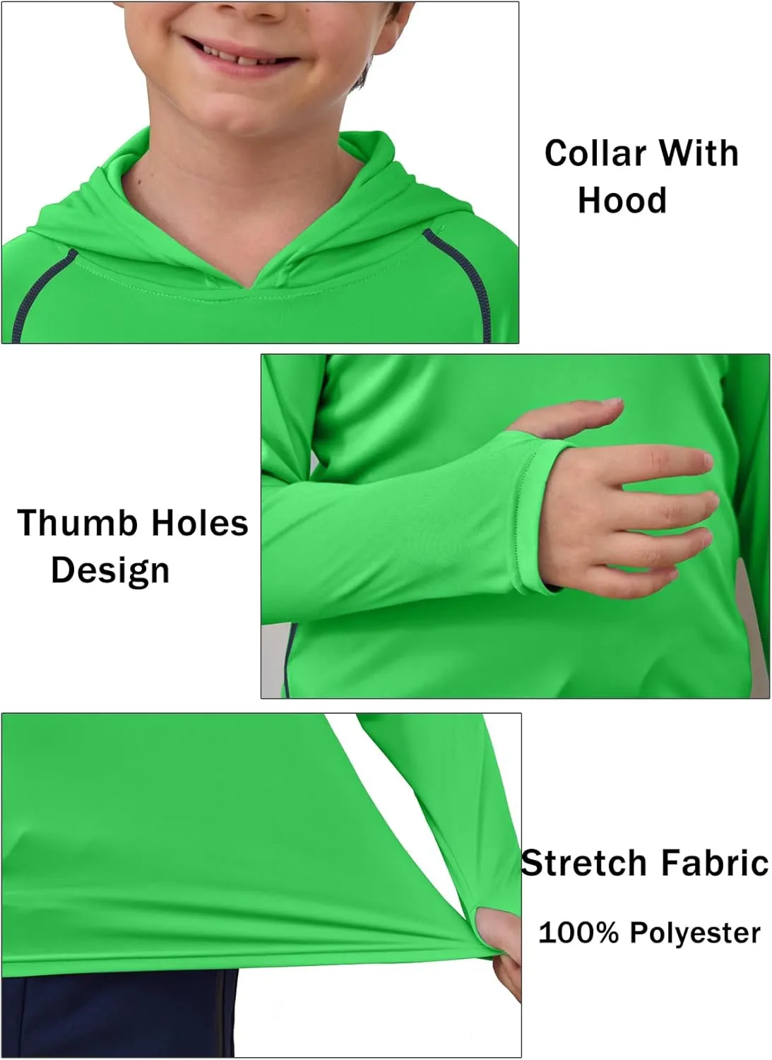 Boys Girls Hooded Sun Shirts UPF50  Long Sleeve Hoodies Quick Dry Rash Guard Swim Shirts Fishing Hiking Thumb Holes