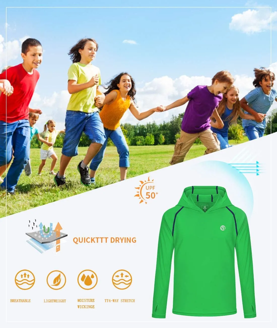 Boys Girls Hooded Sun Shirts UPF50  Long Sleeve Hoodies Quick Dry Rash Guard Swim Shirts Fishing Hiking Thumb Holes