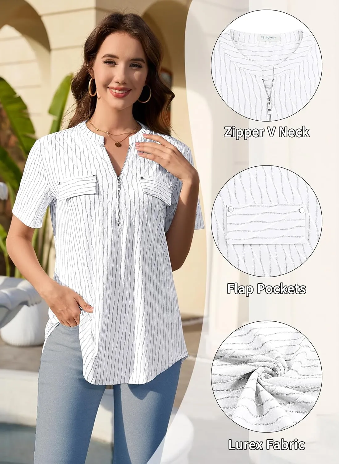 Bulotus Women's Zip Front V-Neck Short Sleeve Work Casual Top Blouse Shirt (Solid and Plaid)