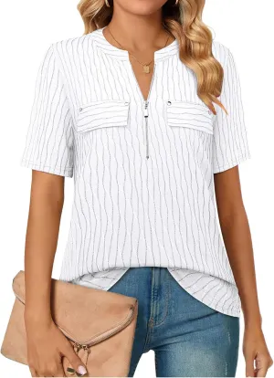Bulotus Women's Zip Front V-Neck Short Sleeve Work Casual Top Blouse Shirt (Solid and Plaid)
