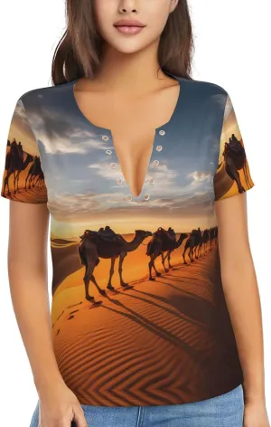 Caravan of Camels Printed Women's Slim deep V-Neck Short-Sleeved, Yoga Running Training Clothes