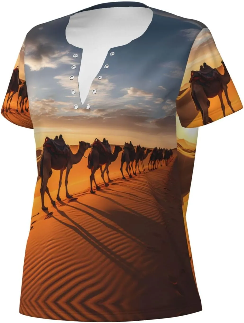 Caravan of Camels Printed Women's Slim deep V-Neck Short-Sleeved, Yoga Running Training Clothes