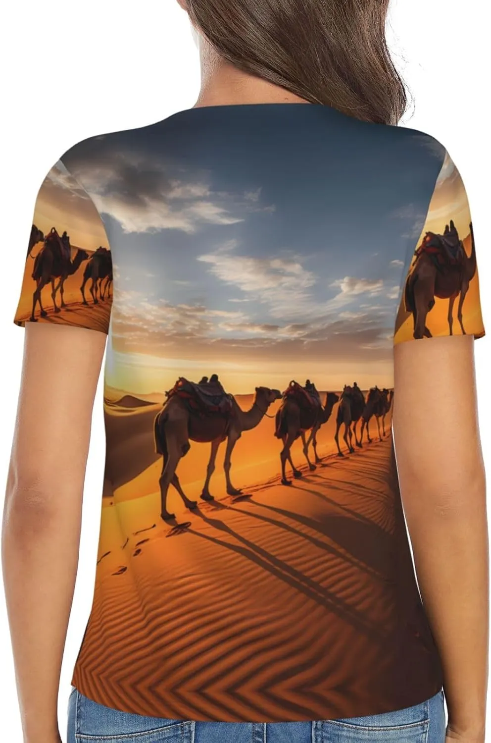 Caravan of Camels Printed Women's Slim deep V-Neck Short-Sleeved, Yoga Running Training Clothes