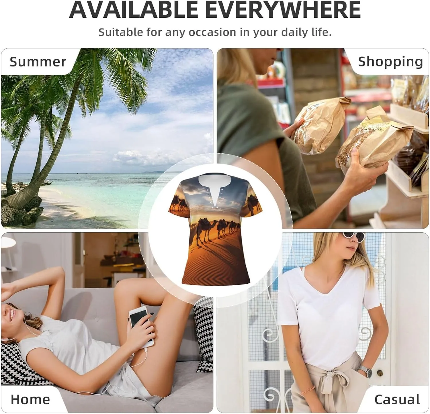 Caravan of Camels Printed Women's Slim deep V-Neck Short-Sleeved, Yoga Running Training Clothes