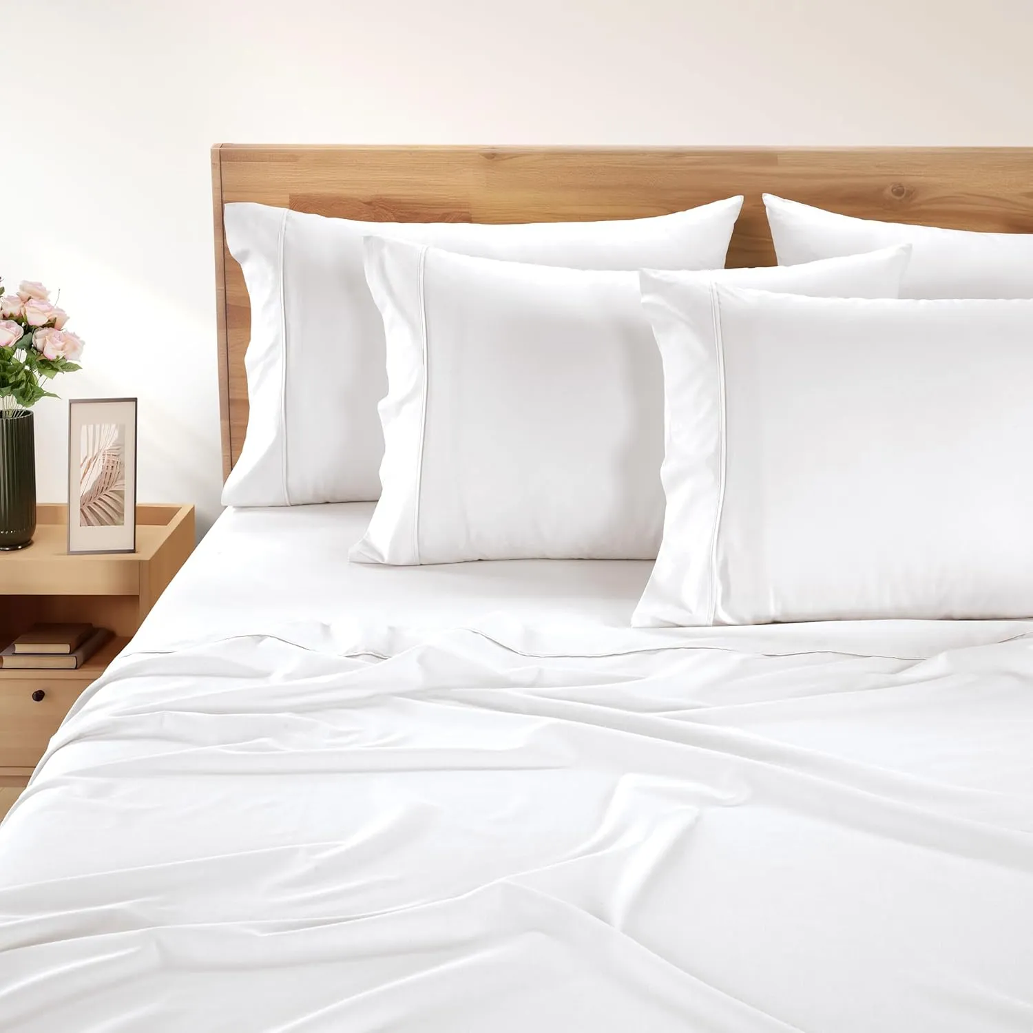 Casa Platino 100% Cotton Sheets Queen Size Set - 6 Pieces (1 Flat, 1 Fitted, 4 Pillowcases) - Soft & Breathable Percale Weave - Durable, Cooling Bed Sheets with 15" Deep Pockets - Pure White Sheet Set