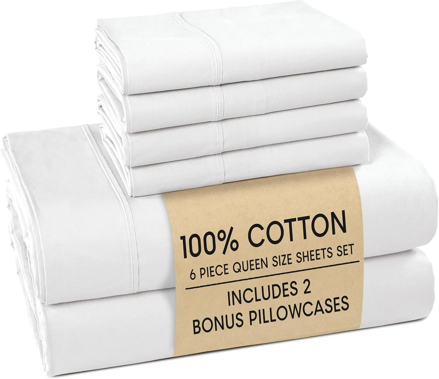 Casa Platino 100% Cotton Sheets Queen Size Set - 6 Pieces (1 Flat, 1 Fitted, 4 Pillowcases) - Soft & Breathable Percale Weave - Durable, Cooling Bed Sheets with 15" Deep Pockets - Pure White Sheet Set