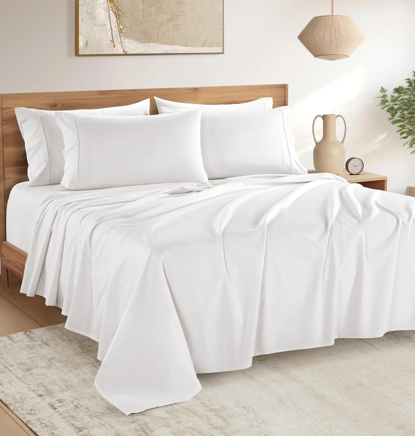 Casa Platino 100% Cotton Sheets Queen Size Set - 6 Pieces (1 Flat, 1 Fitted, 4 Pillowcases) - Soft & Breathable Percale Weave - Durable, Cooling Bed Sheets with 15" Deep Pockets - Pure White Sheet Set