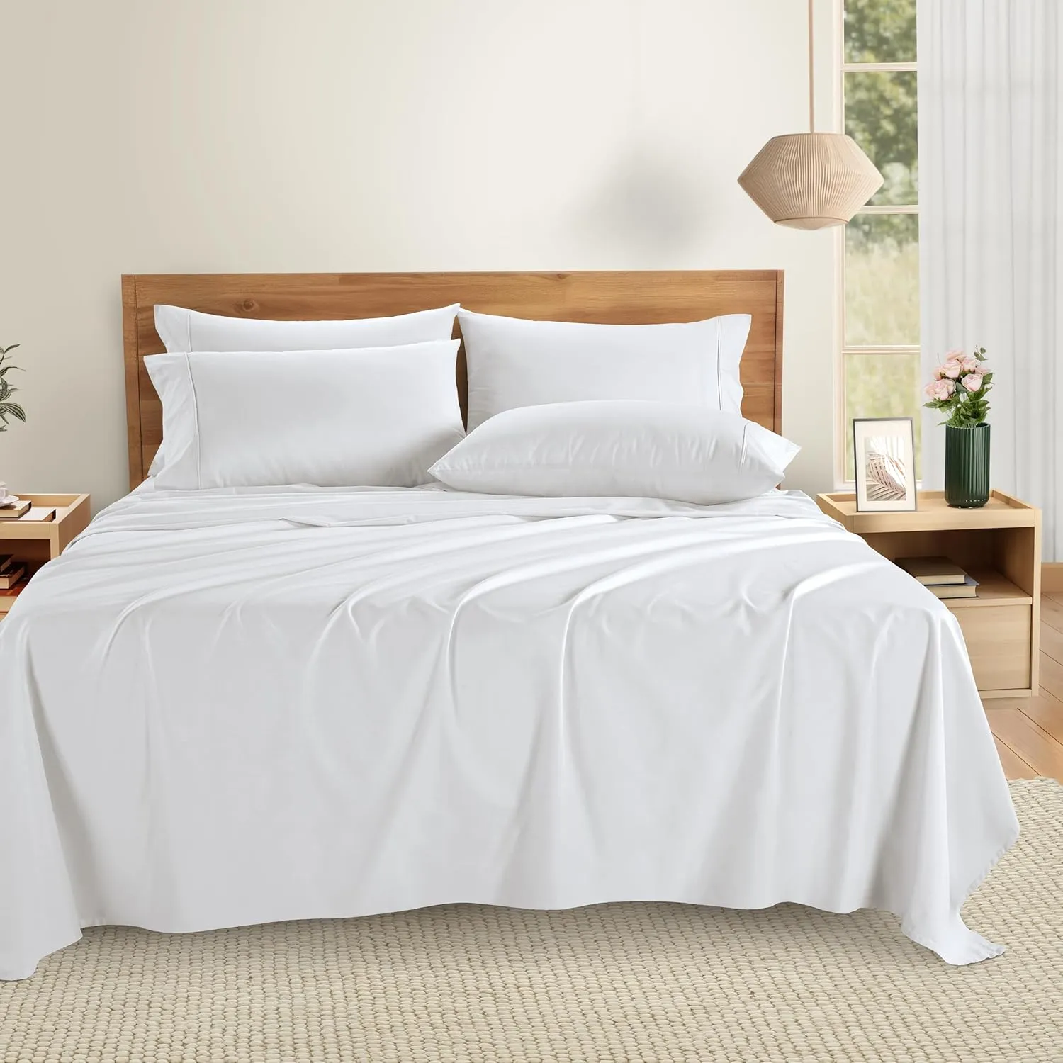 Casa Platino 100% Cotton Sheets Queen Size Set - 6 Pieces (1 Flat, 1 Fitted, 4 Pillowcases) - Soft & Breathable Percale Weave - Durable, Cooling Bed Sheets with 15" Deep Pockets - Pure White Sheet Set