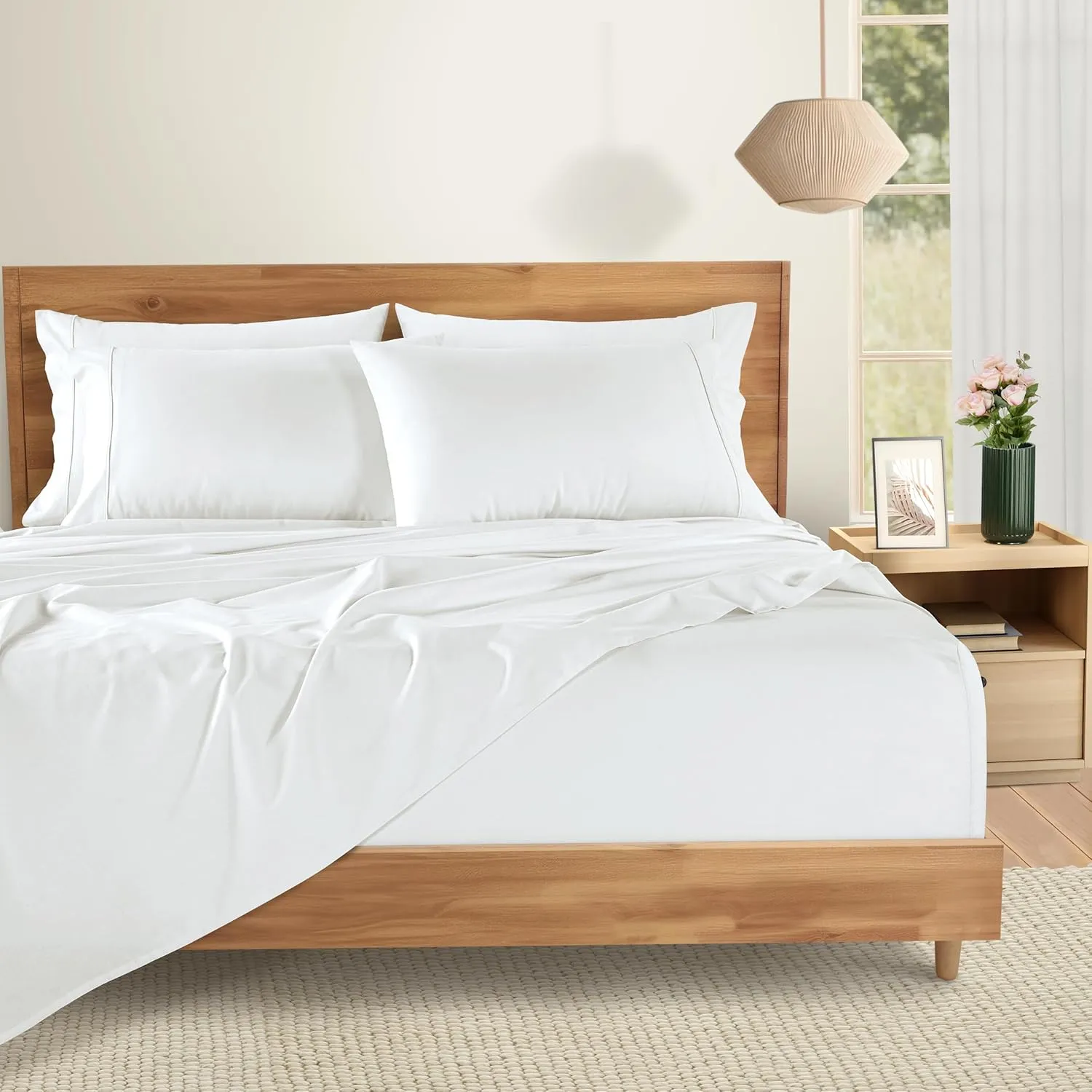 Casa Platino 100% Cotton Sheets Queen Size Set - 6 Pieces (1 Flat, 1 Fitted, 4 Pillowcases) - Soft & Breathable Percale Weave - Durable, Cooling Bed Sheets with 15" Deep Pockets - Pure White Sheet Set