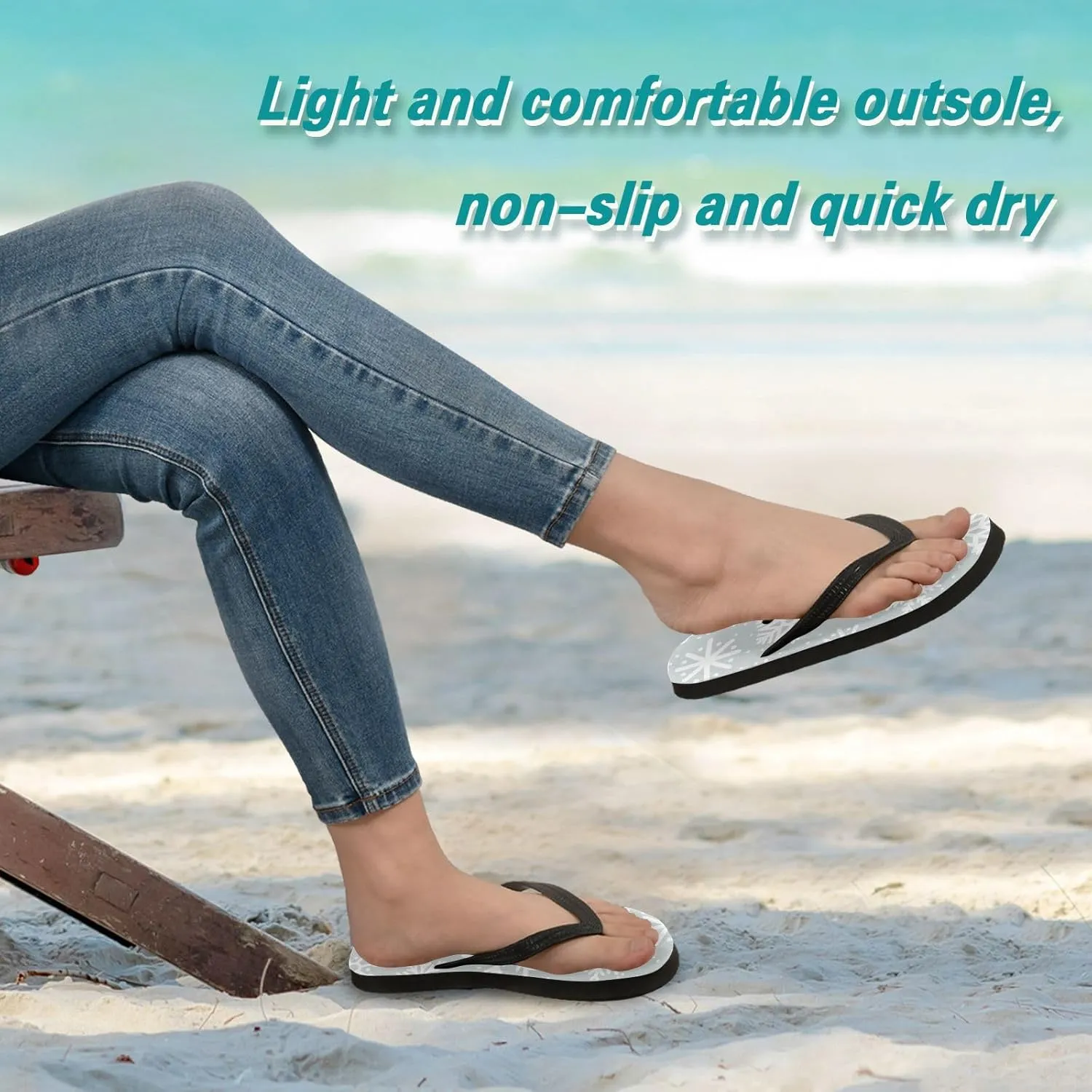 Casual Women's Slim Flip Flops - White Snowflakes Snowfall Summer Thong Flat Sandals Rubber Slide Slippers Shower Shoes